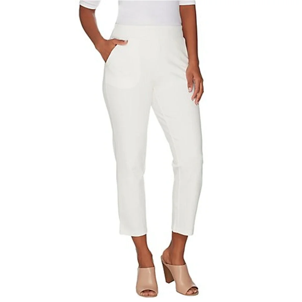 Belle by Kim Gravel Ponte Crop Pant w/Gold Tone Zipper Sz 14 Magnolia White NWOT